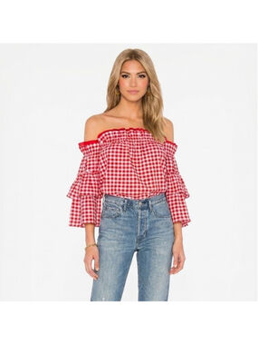 Misa Los Angeles Sabina Off-The-Shoulder Red & White Checker Gingham Top - Smal